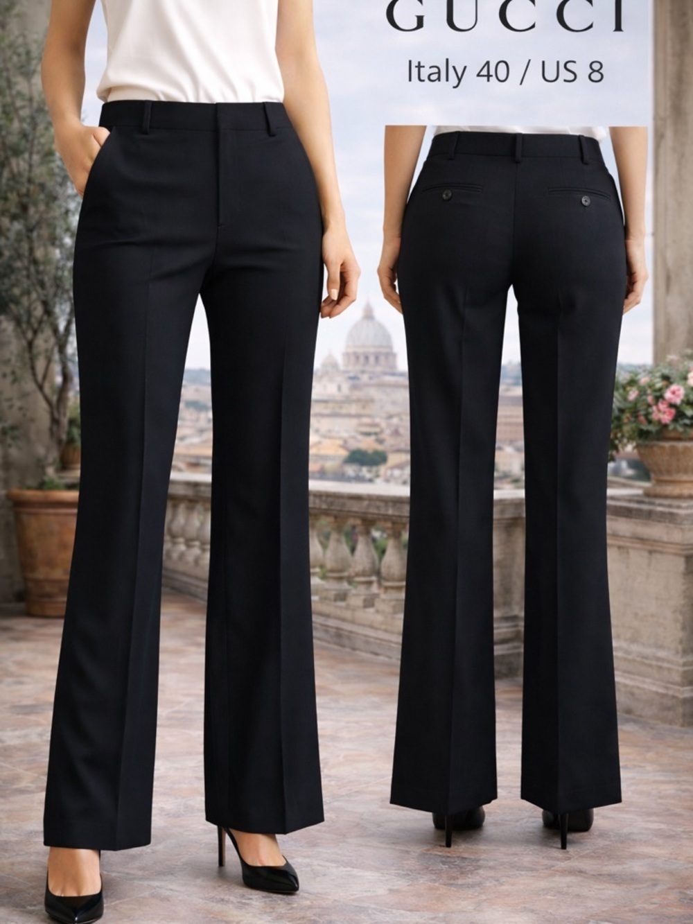 Gucci Black Wool Silk Trouser Pants Flare Italy women’s size IT 40 US 8 Tailored